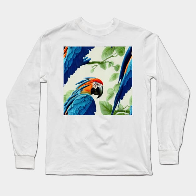 Colorful Blue Macaw on Perch, Seamless Tile Pattern Long Sleeve T-Shirt by JediNeil